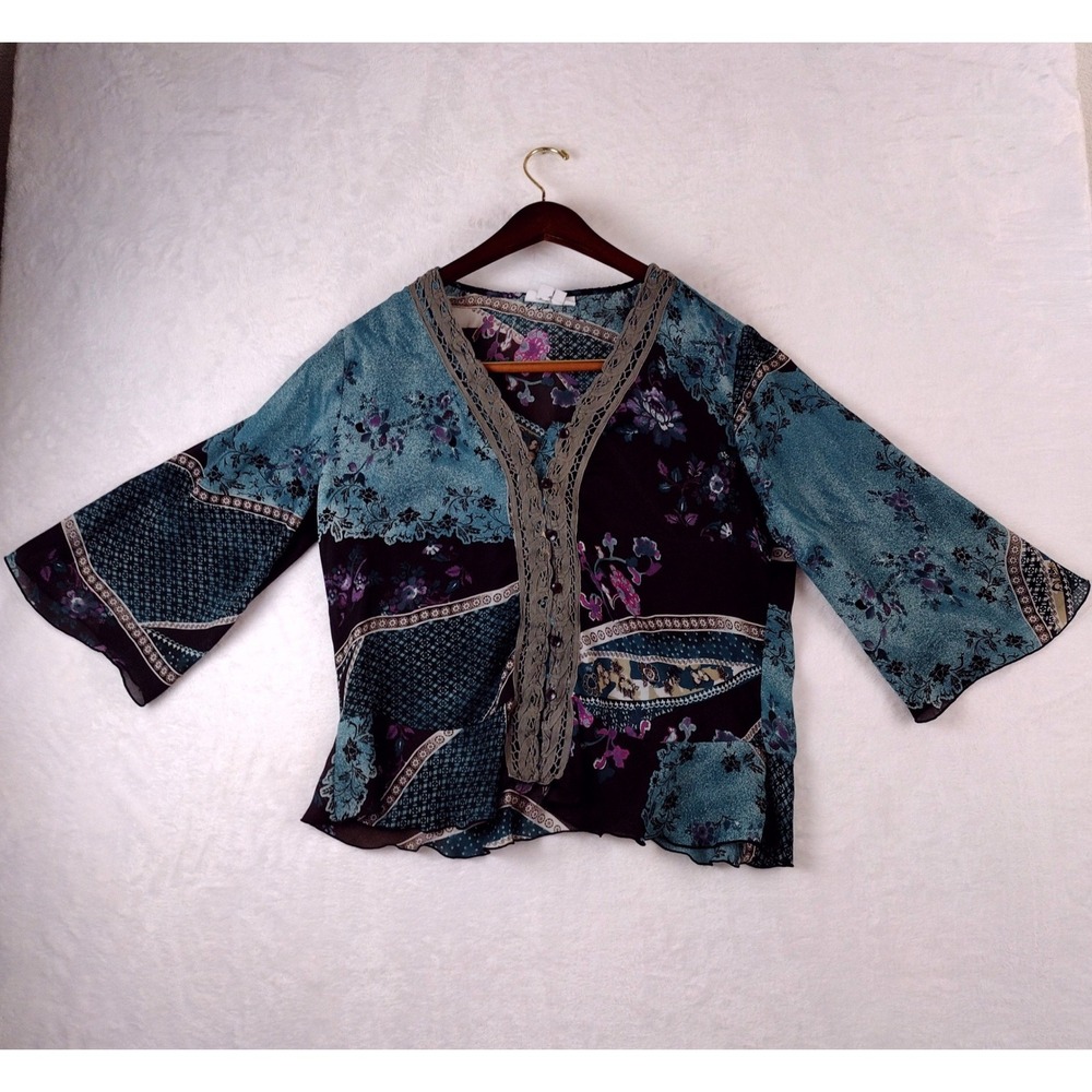 Dressbarn Womens Teal Purple Floral Patchwork Crochet Trim Bell Sleeve Blouse S